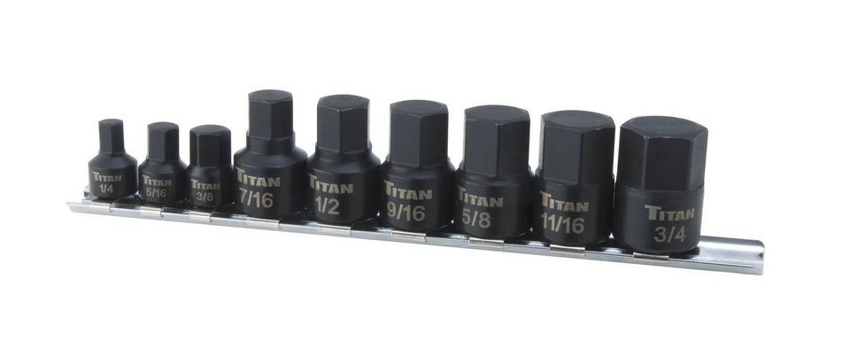 Titan 16140 9 Pc SAE Hex Impact Bit Socket Set 1/4” - 3/4”