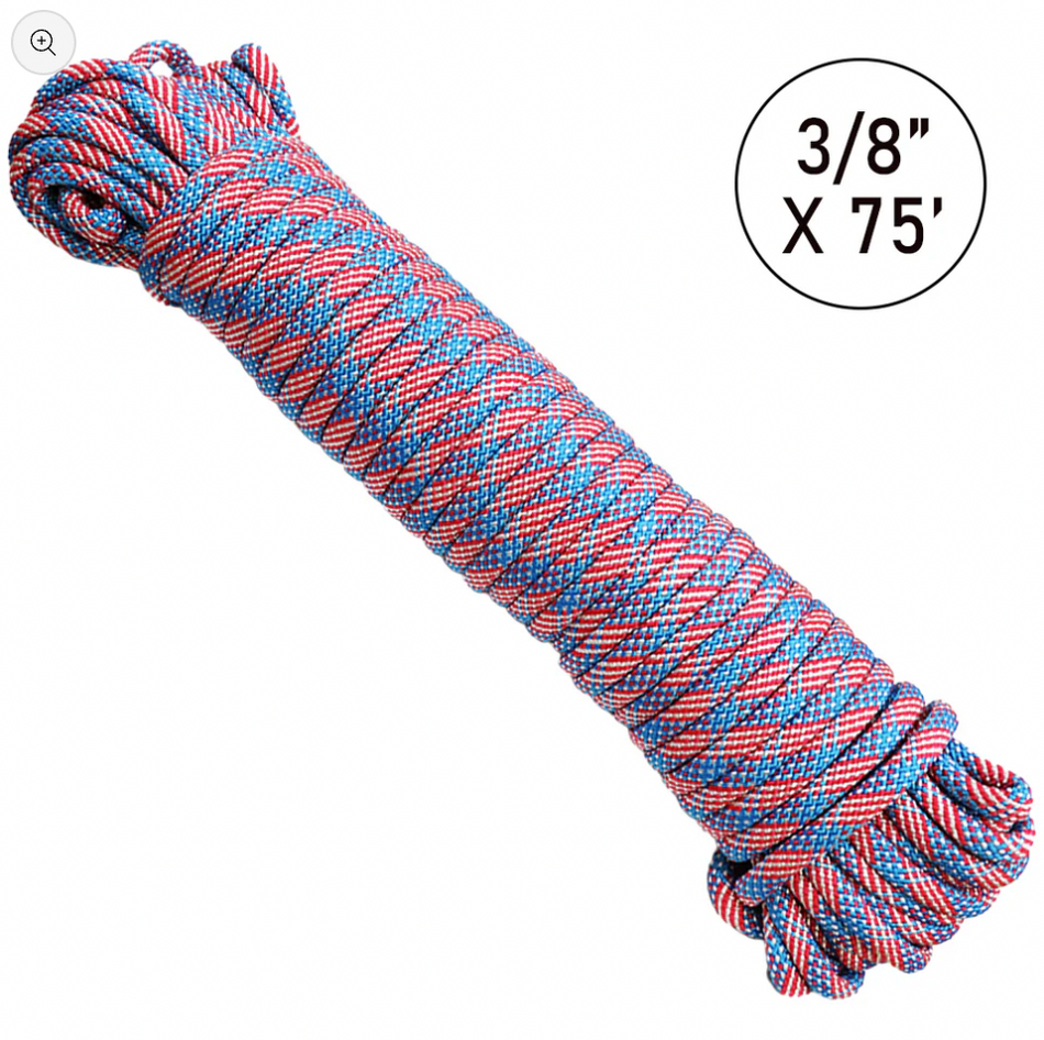 Boxer 3/8" x 75' Red / White / Blue Diamond Braided Polypropylene Truck Rope 750 lbs, 77046