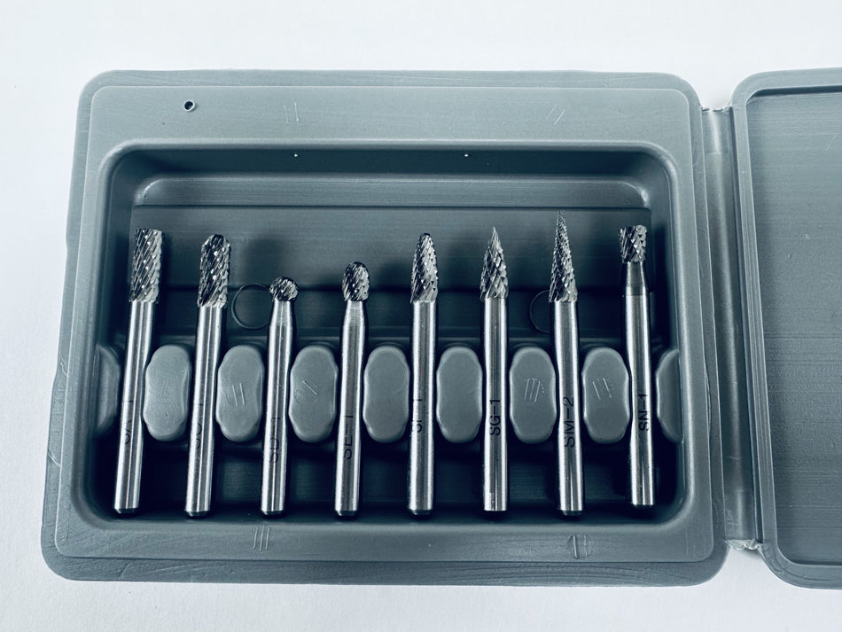 Drill America 8 Pc 1/4" Shank Small Head Carbide Burr Set, #DUL4SET