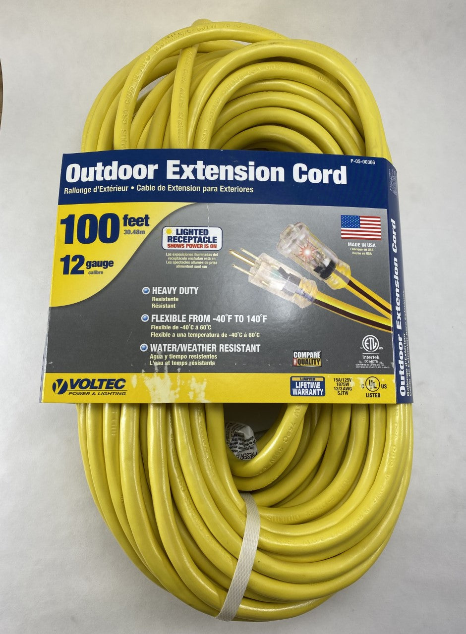 US Wire 100' 12/3 SJTW Outdoor Extension Cord w/ Lighted Ends 0500366