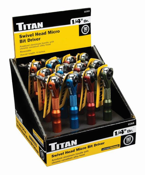 Titan Tools 11315 1/4-Inch Drive x 4-Inch 90-Tooth Swivel Head Micro Ratchet Bit Driver (Asst of 12)