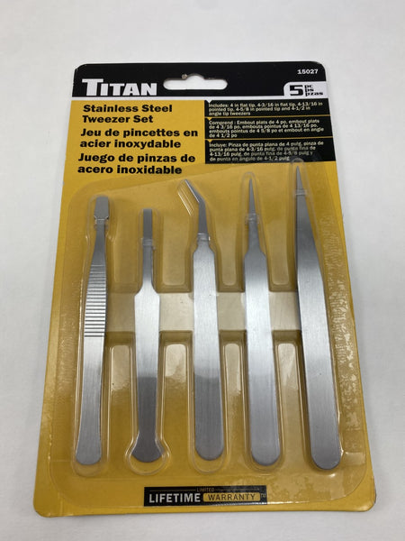 Titan 5 Pc Stainless Steel Tweezer Set, 15027