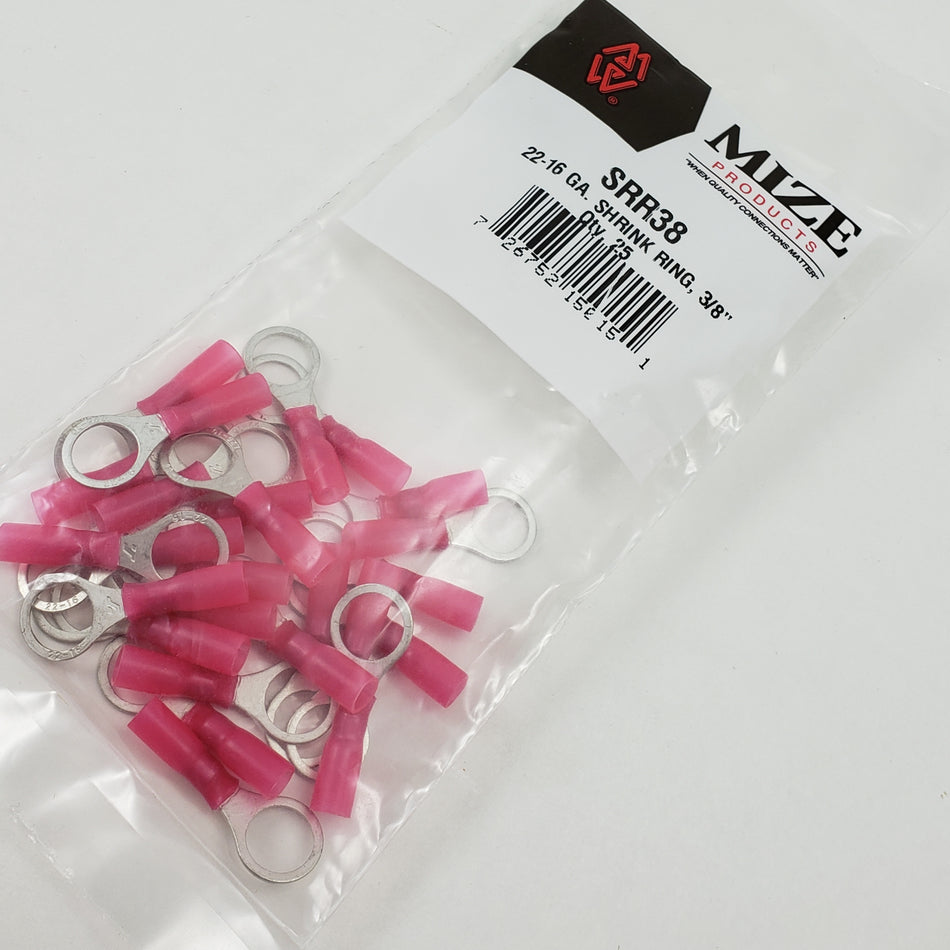 Mize Wire 25 Pc 22-16 GA ⅜” Red Shrink Ring Terminals, SRR38