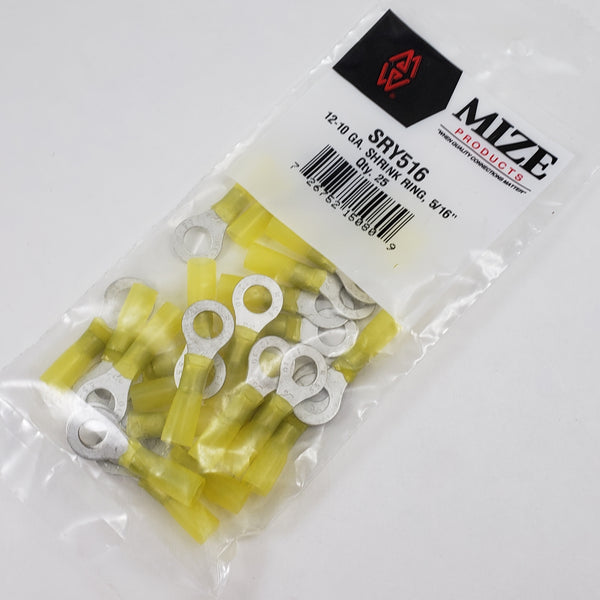 Mize Wire 25 Pc 12-10 GA 5/16” Yellow Shrink Ring Terminals, SRY516