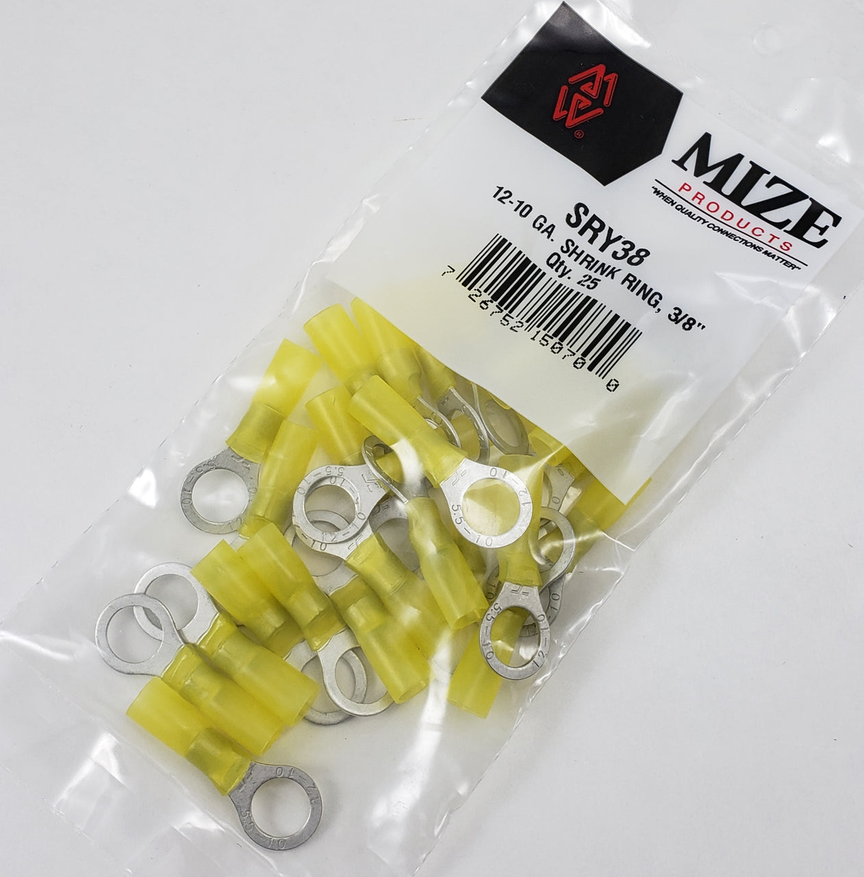 Mize Wire 25 Pc 12-10 GA ⅜” Yellow Shrink Ring Terminals, SRY38