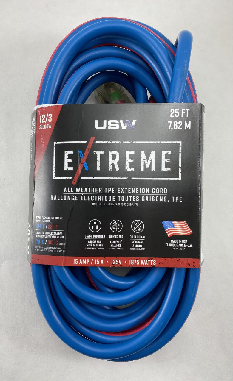 US Wire Extreme Duty -94F Rated 25' 12/3 SJEOOW Outdoor Extension Cord 99025