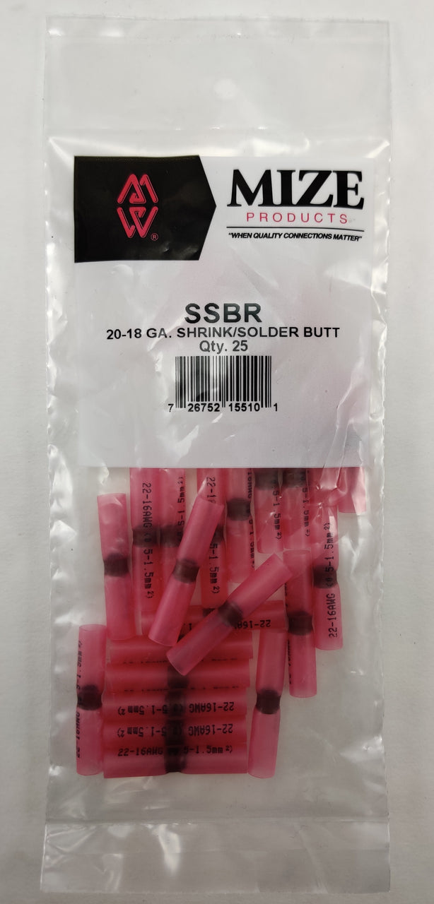 Mize 25 Pc Red Size 20-18 GA Heat Shrink Solder Core Butt Connectors