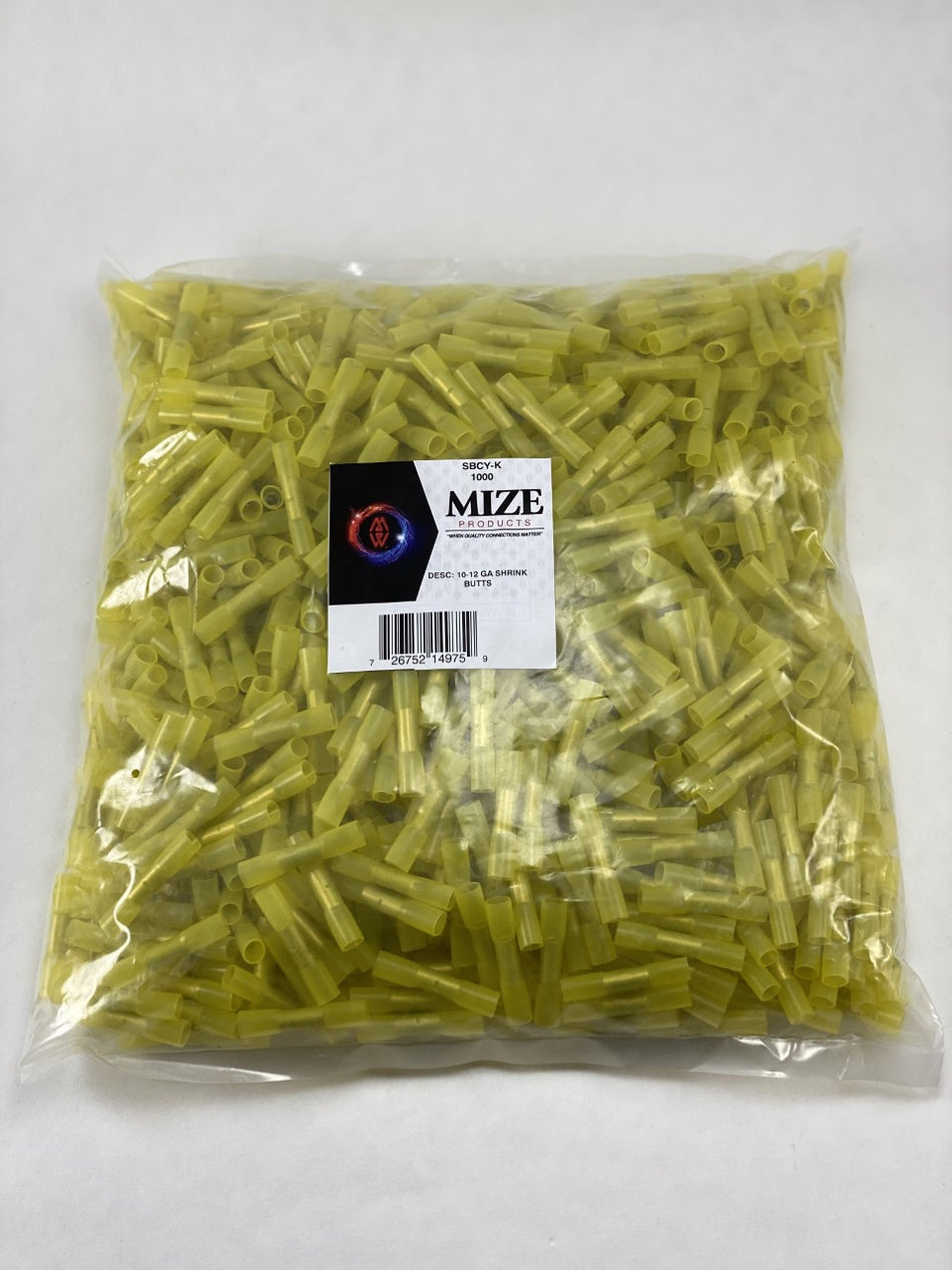 Mize Wire 1000 Pc Yellow 12-10 Gauge Heat Shrink Butt Connectors, Made in USA